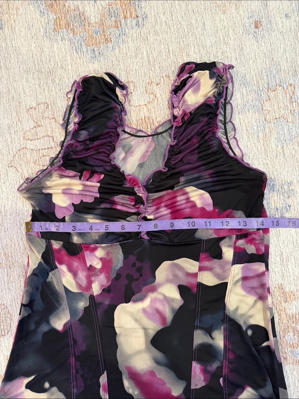 Bellina Floral Ruched Mesh Tank Top Purple M Made in Canada - Picture 3 of 4